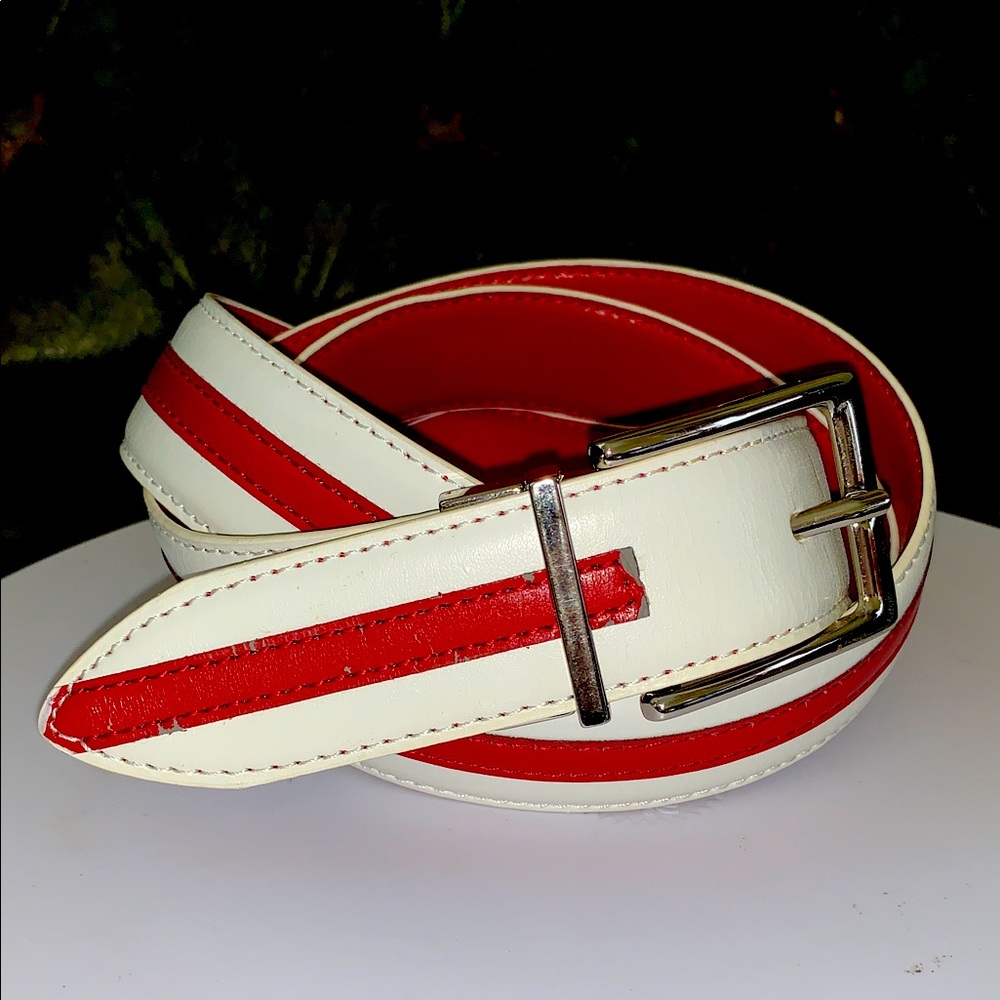 Beverly Hills Polo Club Bonded Leather Men's Off White & Red Stripe Belt 42"